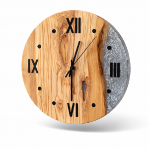 Wanduhr Ø 34 cm aus massivem Olivenholz & Epoxidharz in Schwarz und Weiß