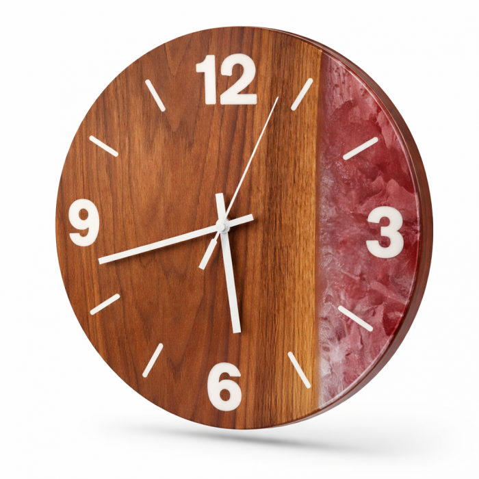 Wanduhr Ø 34 cm aus massivem Walnussholz & Epoxidharz in Rot und Weiß